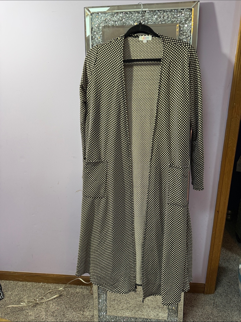 LuLaRoe Long Open-Front Dress Cardigan in Black and White Dot Print